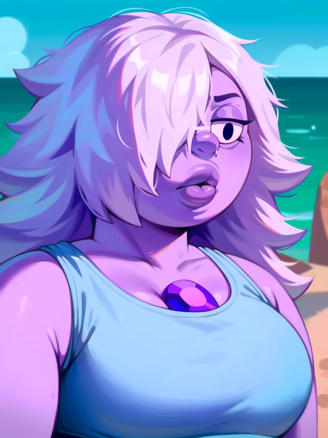 <lora:Amethyst:0.5> a_tst, 1girl, bright lilac skin, long messy hair, pale lavender hair, black eyes, band obscured eye, plump lips, small upturned nose, gemstone on chest,
<lora:Nameless_Rina_da1_SNR-4_20240228_txt_pony-v6:0.9> breasts, realistic, score_9, score_8_up, score_7_up,