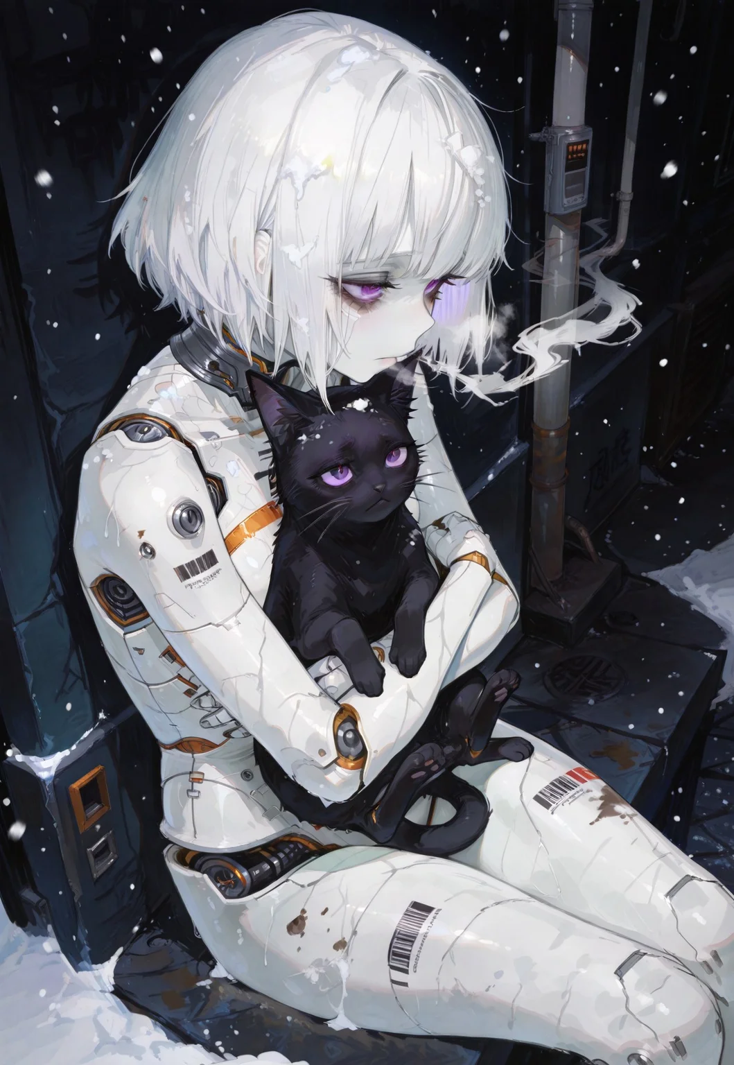 safe_pos, masterpiece, best quality, good quality, newest, highres, absurdres, volumetric lighting,gradient color,
BREAK
raytracing, volumetric lighting, ambient occlusion, Background, girl,
BREAK
Automaton, colored skin, robot girl, (white_skin:2.0), joints, white hair, purple eyes, short hair, bangs,
metal_skin, no nipples, metal_skin, barcode,
illustration, dutch angle, motion blur,
(horror \(theme\):1.1), winter, snowing, night, street, dark Alley, breath smoke, side view perspective, leaning against the wall, dirty skin, hugging own body, sitting, from above, snow on hair, lonely, sad, black cat