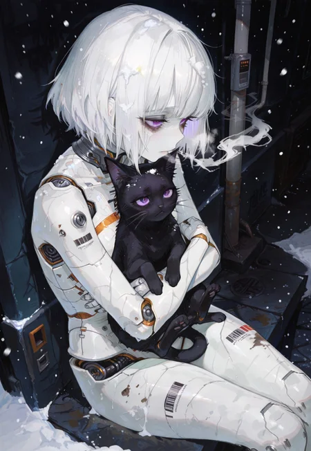 safe_pos, masterpiece, best quality, good quality, newest, highres, absurdres, volumetric lighting,gradient color,
BREAK 
raytracing, volumetric lighting, ambient occlusion, Background, girl, 
BREAK
Automaton, colored skin, robot girl, (white_skin:2.0), joints, white hair, purple eyes, short hair, bangs,
metal_skin, no nipples, metal_skin, barcode,
illustration, dutch angle, motion blur,
 (horror \(theme\):1.1), winter, snowing, night, street, dark Alley, breath smoke, side view perspective, leaning against the wall, dirty skin, hugging own body, sitting, from above, snow on hair, lonely, sad, black cat