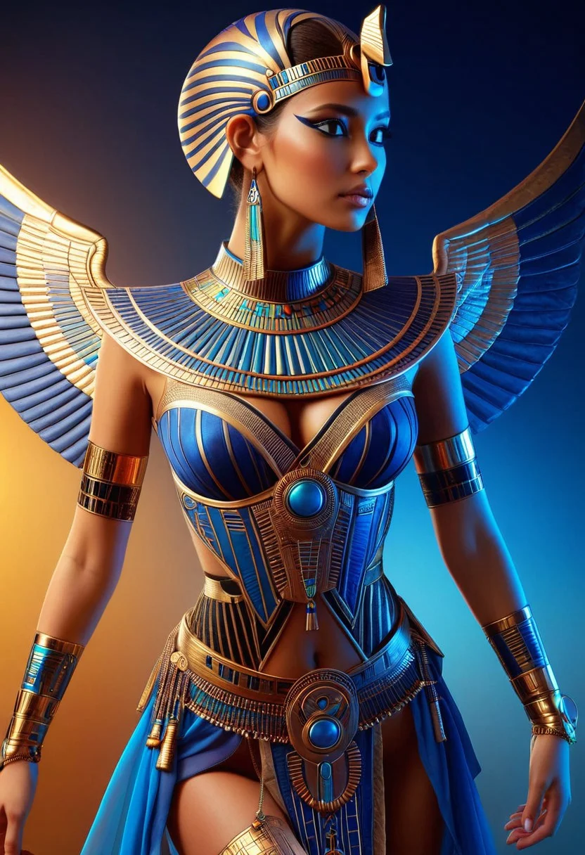 A hyper-realistic depiction of a lone female, focusing on her upper body, adorned in intricately designed fantasy clothes that blend futuristic elements with ancient Egyptian cultural motifs, set against a subtle, gradient background that shifts from deep blues to golden hues, with soft, cinematic lighting accentuating the textures and details of her attire and skin, in the style of digital painting with an emphasis on ultra-detailed rendering, capturing the essence of modernity infused with the mystique of Egypt's rich heritage.