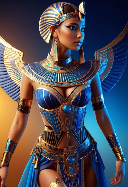 A hyper-realistic depiction of a lone female, focusing on her upper body, adorned in intricately designed fantasy clothes that blend futuristic elements with ancient Egyptian cultural motifs, set against a subtle, gradient background that shifts from deep blues to golden hues, with soft, cinematic lighting accentuating the textures and details of her attire and skin, in the style of digital painting with an emphasis on ultra-detailed rendering, capturing the essence of modernity infused with the mystique of Egypt's rich heritage.