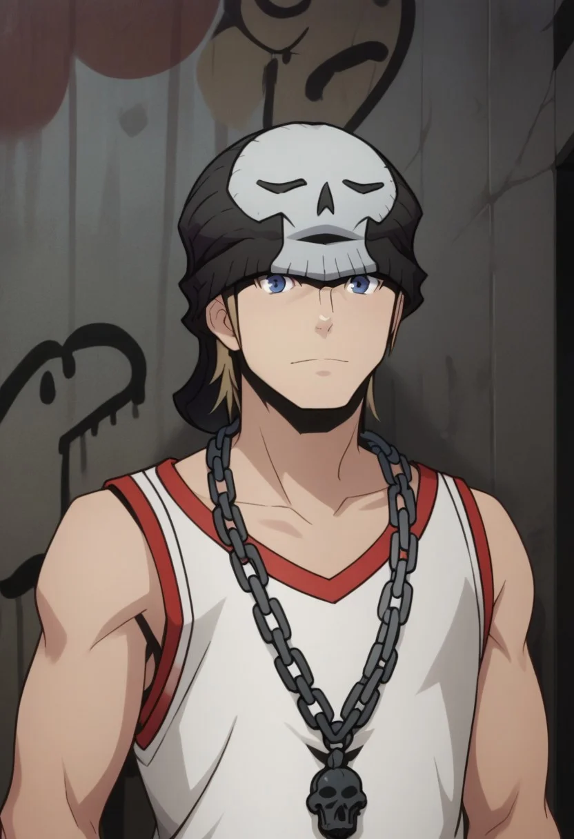 score_9, score_8_up, score_7_up, source_anime, highly detailed,
daisuke, 1boy, male focus, solo, blonde hair, blue eyes, tank top, beanie, chain, hat, jewelry, bracelet, standing, chain necklace, upper body, looking at viewer,
outdoor, wall, graffiti,