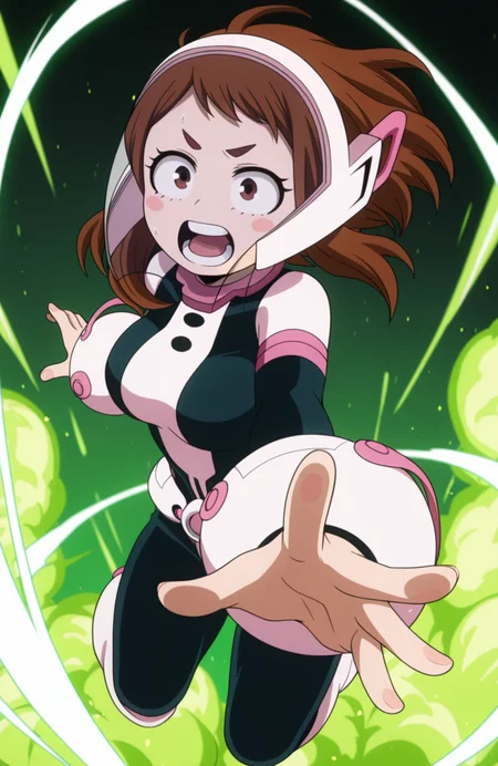 masterpiece, best quality, <lora:UrarakaOchako wHelmet:1> ur4r4, uraraka ochako,pink face shield, bodysuit, open mouth, screaming, outstretched hand, explosion, jumping, green lighting, foreshortening,