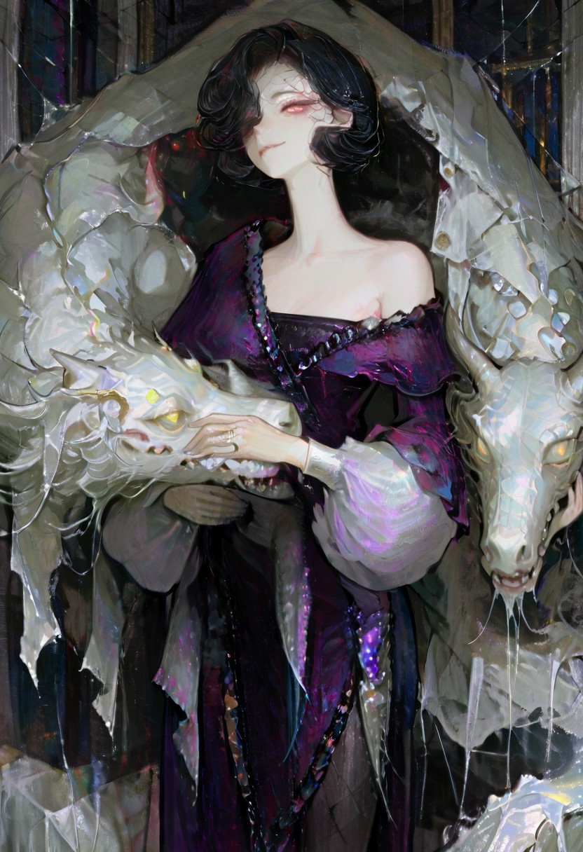 masterpiece, best quality, amazing quality, very aesthetic, absurdres, newest, volumetric lighting, female, female focus, dark, horror,, full body,1 girl, solo female,tuesday(MH),black hair,purple dress,cowboy shot,silk,bare shoulders,black pantyhose,short hair,white crocodile,mysterious smile, glowing eyes