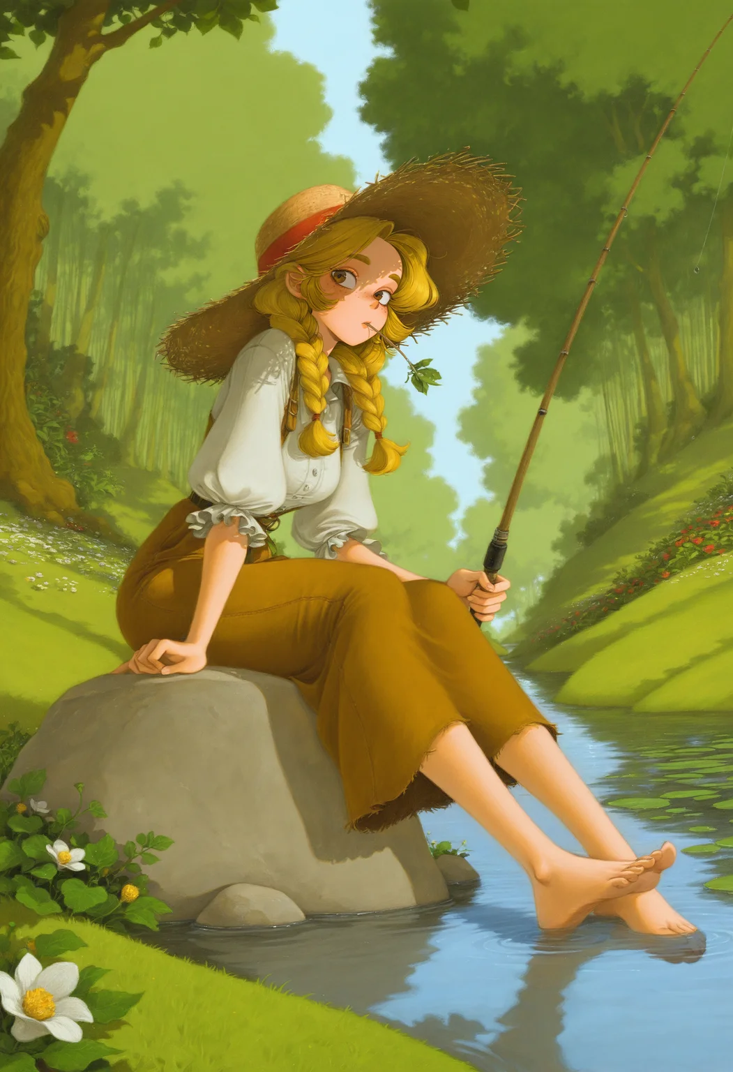 <lora:fr-pi-il:1>, fr-pi-il,
very awa, masterpiece, best quality, absurdres, highres, year 2024, newest, detailed, very Aesthetic,ultradetailed,
forest clearing, pond, river, reed, flowers, ivy, grass,
1girl, blond, braided hair, straw hat,  straw in mouth, sitting on stone, barefoot,  feet in the water,  holding fishing rod, freckles, farmgirl outfit,