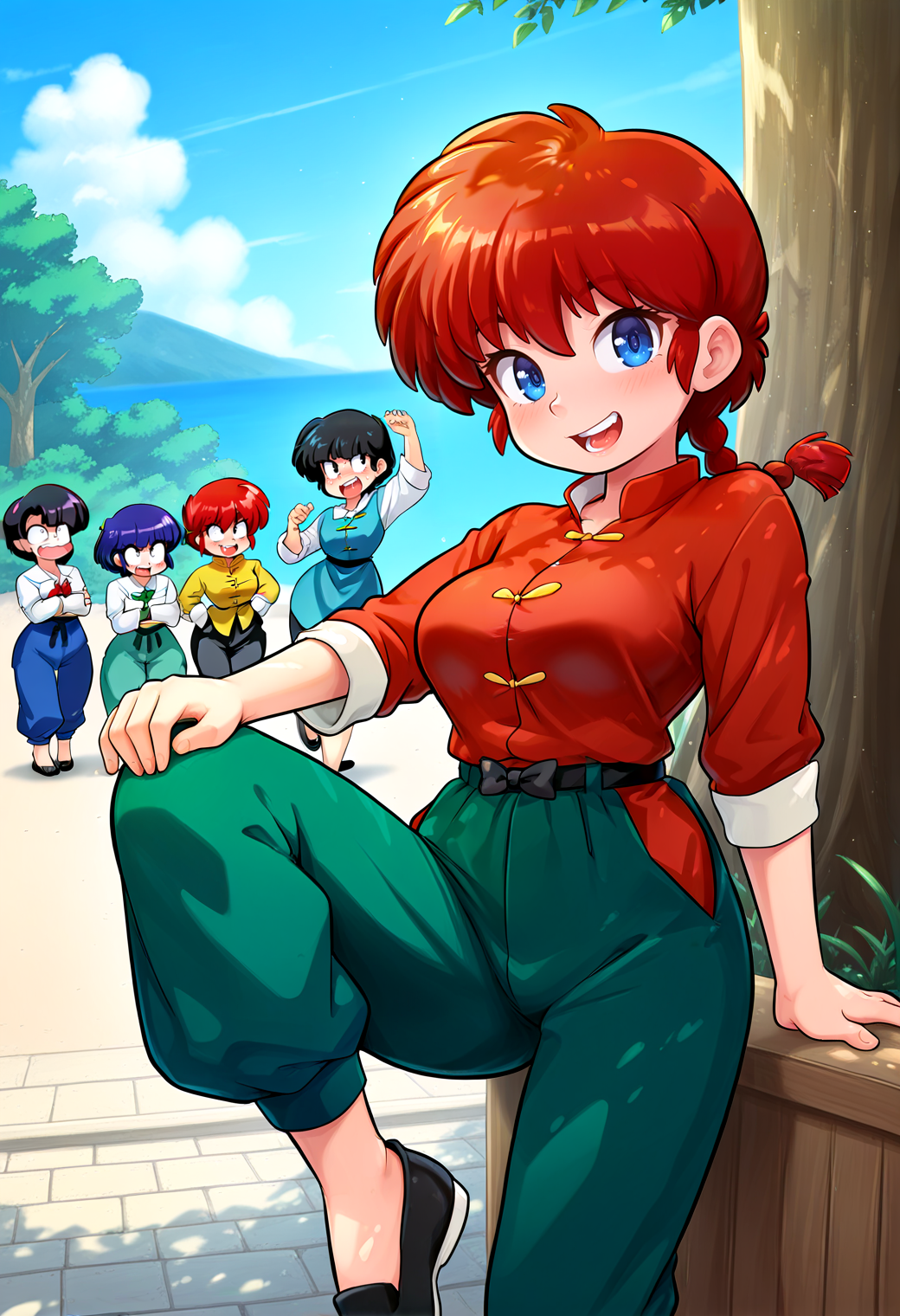 IllustriousQual <lora:StS-Illustrious-Detail-Slider-v1.0:2> <lora:cfg_scale_boost:0.3>,detailed_background,outdoors,shiratori azusa,kunou tatewaki,ranma-chan,mikado shiina,ranma 1/2,sanzenin mikado