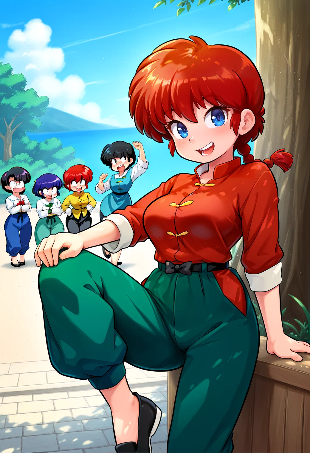 IllustriousQual <lora:StS-Illustrious-Detail-Slider-v1.0:2> <lora:cfg_scale_boost:0.3>,detailed_background,outdoors,shiratori azusa,kunou tatewaki,ranma-chan,mikado shiina,ranma 1/2,sanzenin mikado