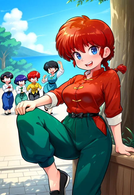 IllustriousQual <lora:StS-Illustrious-Detail-Slider-v1.0:2> <lora:cfg_scale_boost:0.3>,detailed_background,outdoors,shiratori azusa,kunou tatewaki,ranma-chan,mikado shiina,ranma 1/2,sanzenin mikado