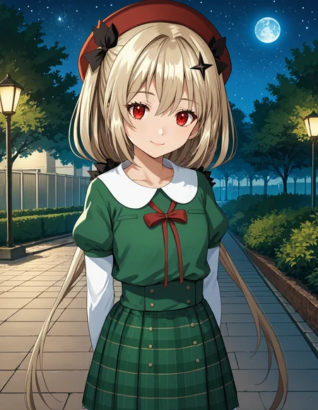 score_9, score_8_up, source_anime, 1girl, upper body, medium shot, detailed, mgrcirinakushu, kshcsl, blonde hair, low ponytail, red eyes, red beret, black hairclips, green shirt, white puritan collar, red neck ribbon, short over long sleeves, juliet sleeves, white sleeves, green pleated skirt, hands behind back, light smile, outdoors, park, night, stars, moon, <lora:mgrcirinakushu_XL:1>