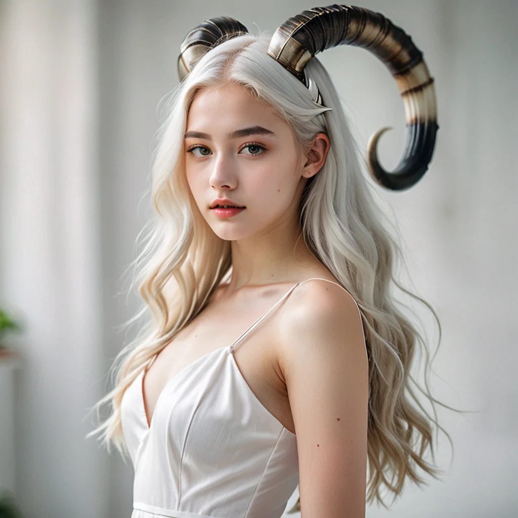 Photorealistic photo, blur background, pretty 1girl about 20 yo with white dress with with great horns resembling those of a bighorn sheep, girl light skin, light background , long white hair falling to the shoulders<lora:add-detail-xl:1>