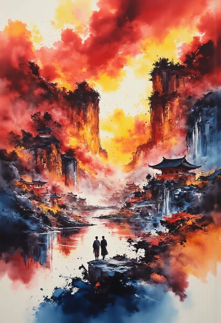 Three lifetimes and seven lives,
Forever exiled to hell,
Just for love,
Die with no regrets!
ink painting, ink art, splash, traditional media, colorful, scenery, very aesthetic,
epic, majestic, fantasy art, dreamy, perspective, moody, magical,
intricate details, highly detailed, ultra-detailed, absurdres, beautiful, painterly, detailed, textural, artistic, vivid, vibrant,
aidmamj6.1, zydInk