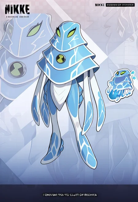 masterpiece, best quality, amazing quality, very aesthetic, absurdres, newest,, detailed background,
ampfibian, full body, pokemon (creature), no humans, colored sclera, green eyes, blue skin, tentacles, extra eyes, colored skin, squid, jellyfish, no mouth,
NikkeProfile, full body, checkered background, zoom layer, copyright name, character name, english text, logo
