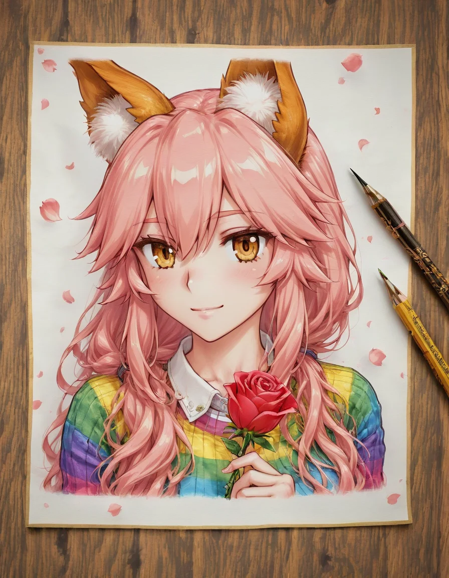 <lora:illustriousXLv01_stabilizer_v1.185c:0.8>wooden tabletop,pencil art on paper,pencil,1girl,tamamo \(fate\),portrait,light smile,long hair,rainbow sweater,holding rose,falling petals,[:masterpiece:0.2],