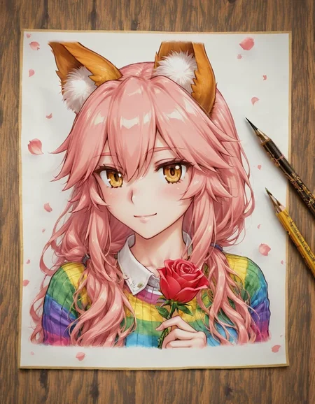 <lora:illustriousXLv01_stabilizer_v1.185c:0.8>wooden tabletop,pencil art on paper,pencil,1girl,tamamo \(fate\),portrait,light smile,long hair,rainbow sweater,holding rose,falling petals,[:masterpiece:0.2],