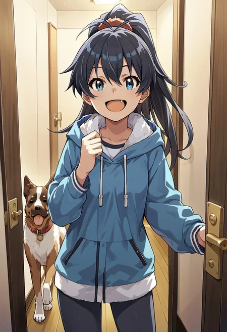 score_9, score_8_up, score_7_up, source_anime,ganaha hibiki, long hair, black hair, blue eyes, 1girl, fang, open mouth, smile, looking at viewer, ponytail, door, hood, dog, animal, open door, solo