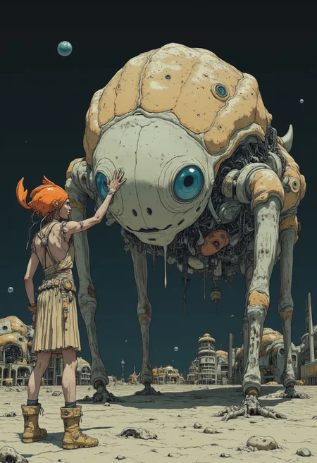A brave figure stands beside an enormous, otherworldly creature with a shell-like body covered in glistening, reflective eyes, its alien appearance contrasting sharply with the vast, dark expanse of the surrounding landscape. The character, clad in a flowing dress adorned with intricate designs and sturdy boots, exudes calm determination as they rest a hand gently on the creature's massive surface, showcasing an unexpected bond between human and beast. Perched on their shoulder is a small, vibrant creature, observing the scene with an air of curiosity and alertness, adding a touch of companionship and warmth. In the background, remnants of large machinery or structures rise from the barren earth, hinting at a world shaped by both nature and industry. The dim, shadowed atmosphere under a night sky emphasizes the enigmatic and serene connection between the character and the giant being, symbolizing harmony, courage, and understanding in the face of the unknown. This powerful composition captures a moment of coexistence and mutual respect in a surreal, post-apocalyptic setting.