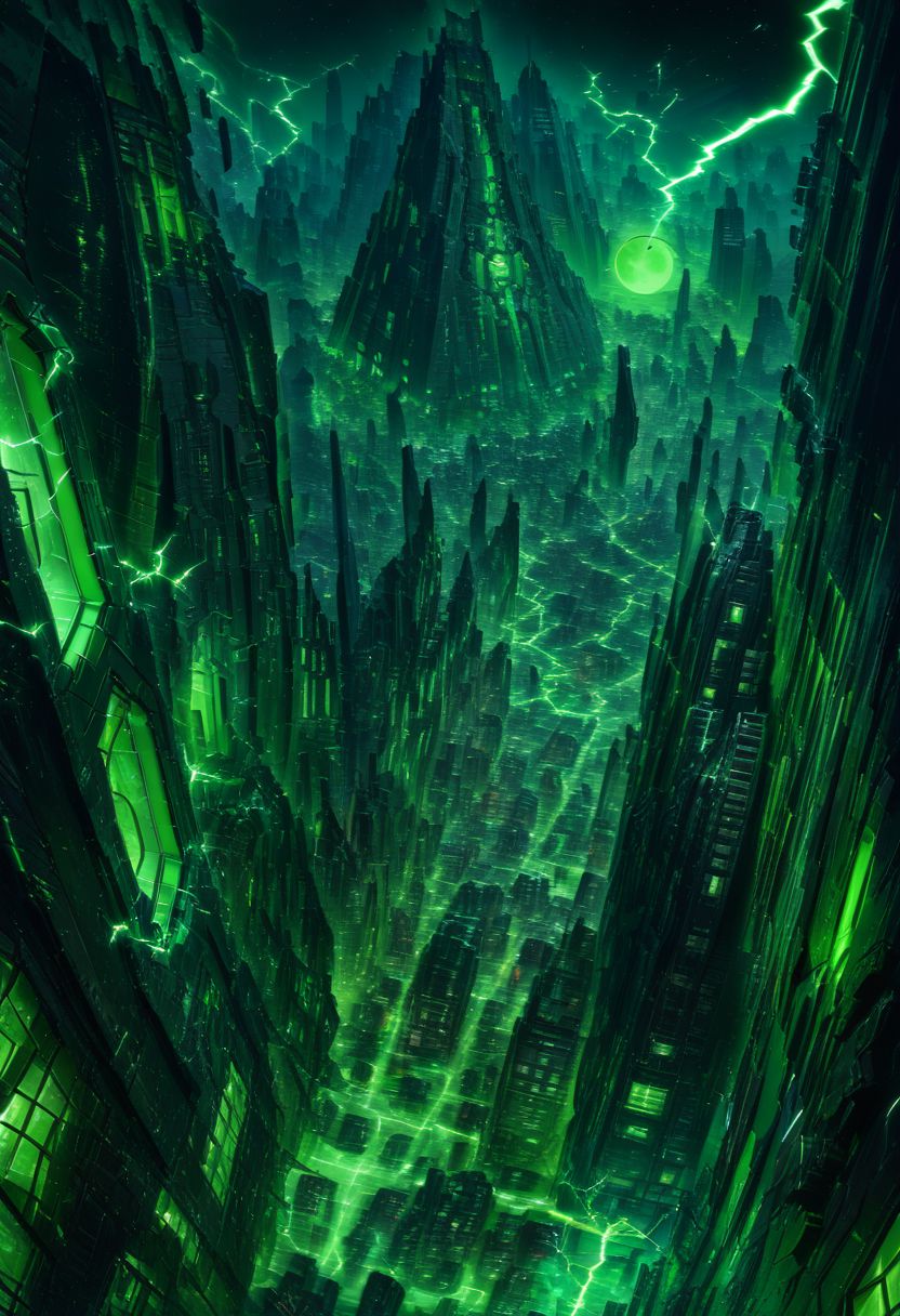 ((masterpiece,best quality)),
Necron, 
(city, buildings with windows :1.2), electricity, green glow, green theme, green moon, starry sky, space,