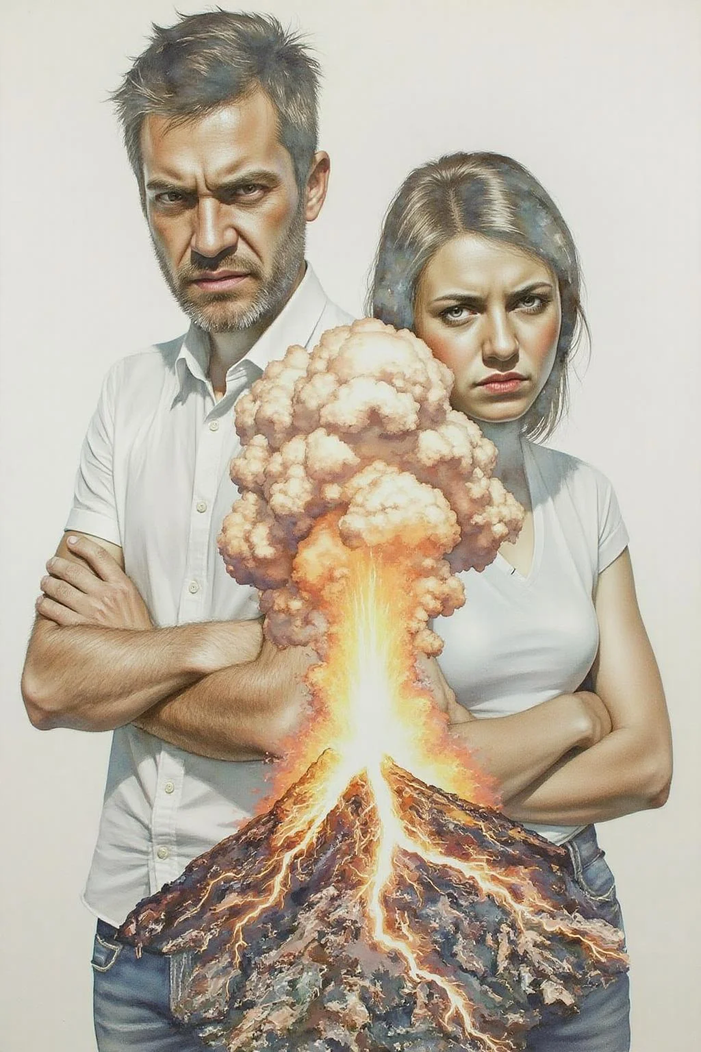 Portrait painting. An angry man and an angry woman stand side by side with their arms crossed. Their head and bodies blends seemlessly with that of a volcano eruption. <lora:doubleexpopainting1_cap_d6a3e13:1.0><lora:850318806646558014:0>