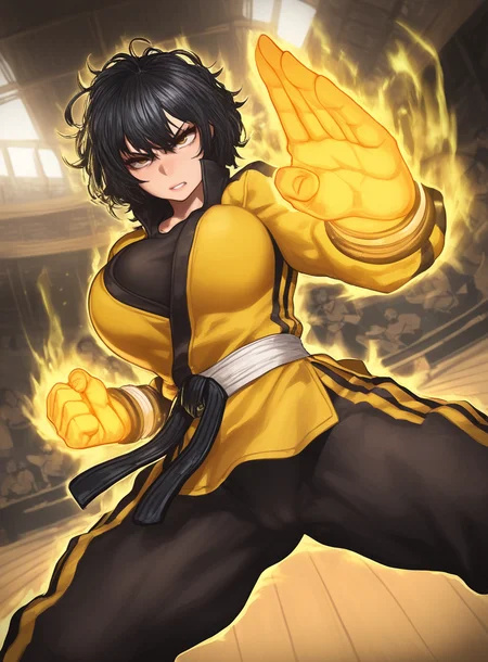 masterpiece, best quality, very aesthetic,gloss,uncensored,
BREAK
outdoors, fantasy, arena, dojo,
BREAK
1girl, short hair, abs, fighting stance, black hair, messy hair, angry, incoming punch, bracer, kung fu, martial arts, large breasts,dutch angle, glowing fist, aura, martial arts belt, master dojo uniform, solo,
<lora:nai_ga-ill-fandingo:0.7>