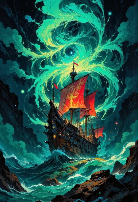 A breathtaking cinematic illustration of a majestic galleon sailing through dark, teal waves. The ship's vibrant crimson sails are adorned with golden phoenix symbols, and the intricate carvings and glowing lanterns add to its rich detailing. Above, the sky is a swirling vortex of deep blues and greens, speckled with stars and ethereal, glowing nebulae. A prominent, swirling mass of vibrant teal energy dominates the upper portion of the sky, amplifying the mystical and fantastical atmosphere. The ocean's waves reflect the celestial scene, their otherworldly texture adding to the sense of adventure and wonder. The color palette is rich and saturated, with deep blues, greens, and reds creating a visually striking contrast