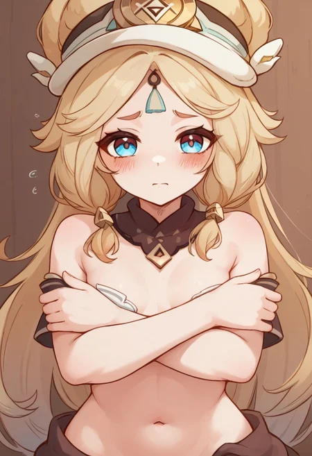 score_9, score_8_up, score_7_up, score_6_up, source_anime, ultra quality, clear lines, look at viewer,  (/anime style), kachina_(genshin_impact), small breasts, covers breasts with crossed arms, embarrassed, blush