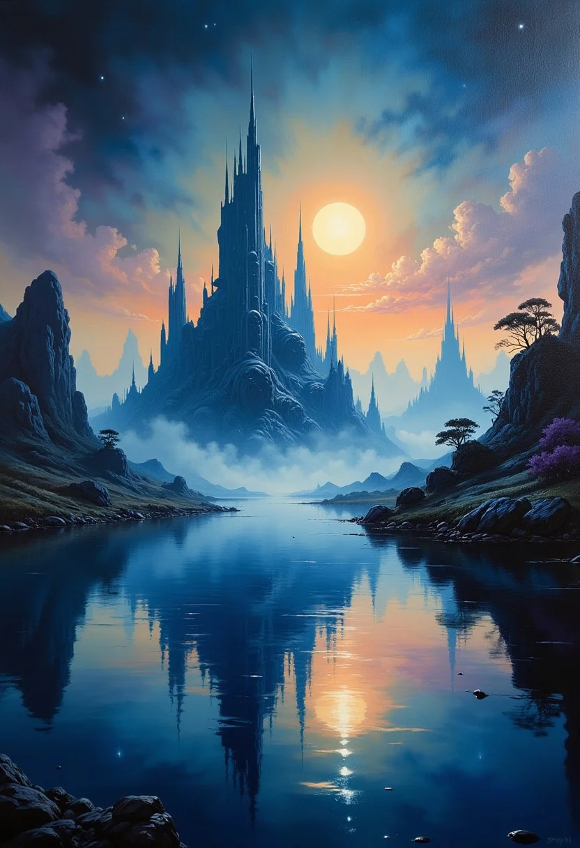 masterpiece, painterly, oil painting of an alien cityscape with towers and domes, reflected in a tranquil still lake reflecting the landscape, surreal colours, mist, dark night