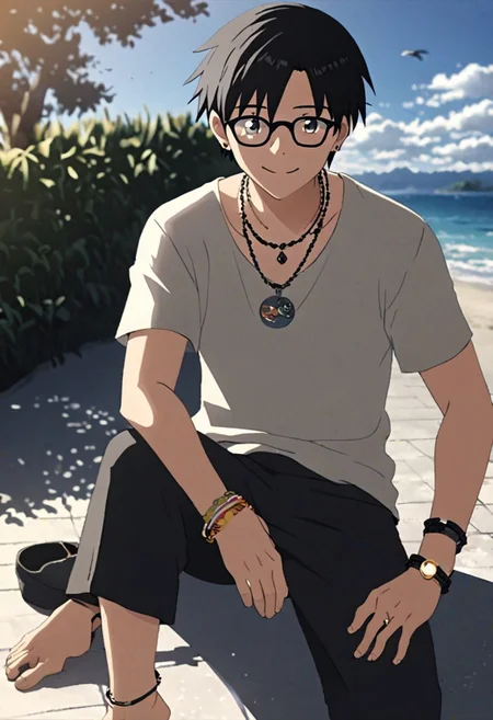 Highres, Masterpiece, High Quality, 4K, 8K, solo, 1Boy, Takaki Toono, adult, black hair, short hair, sunny, cloudy, posing, candid, sweet smile, photo model, earrings, necklace, bracelet, anklet, ring, fake glasses, easynegative, detailed_eye_model