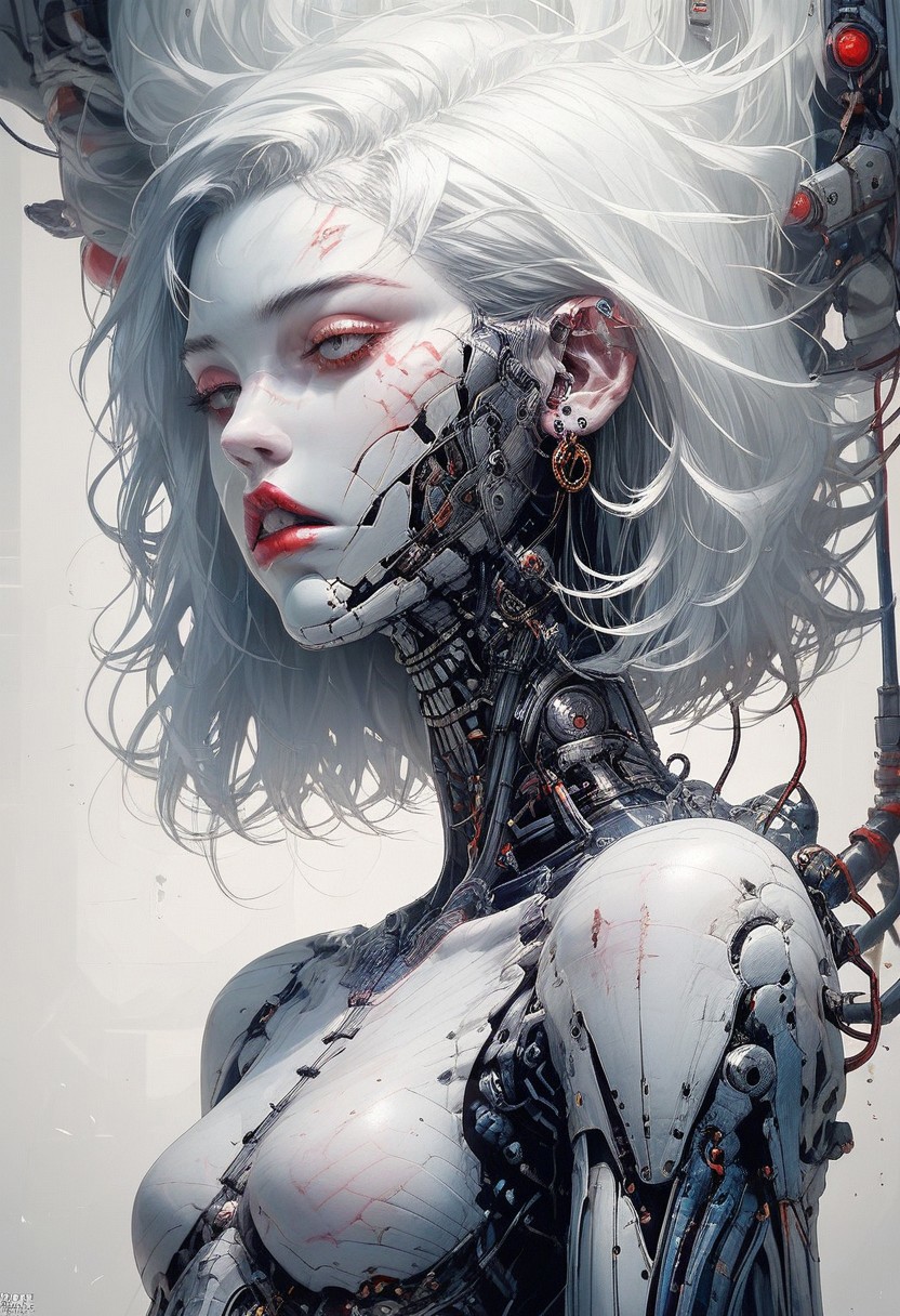 score_9, score_8_up, score_7_up, score_6_up,there is a woman with white hair , porcelain cyborg, porcelain white skin, art doll, porcelain looking skin and blue and white body paint,, white porcelain skin, porcelain skin. studio ghibli, ball jointed doll, ceramic cyborg, pale porcelain white skin, elegant lady with alabaster skin, with blue skin, pale milky white porcelain skin, porcelain pale skin, pale blue skin,  cyb0rg, science fiction, cable, mechanical parts,