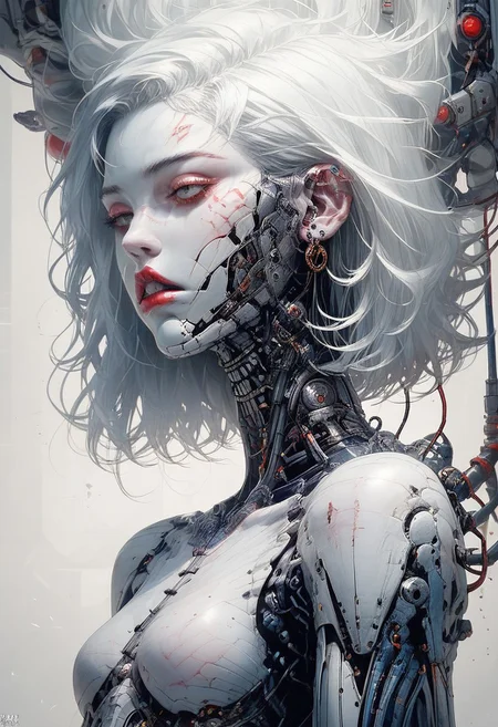 score_9, score_8_up, score_7_up, score_6_up,there is a woman with white hair , porcelain cyborg, porcelain white skin, art doll, porcelain looking skin and blue and white body paint,, white porcelain skin, porcelain skin. studio ghibli, ball jointed doll, ceramic cyborg, pale porcelain white skin, elegant lady with alabaster skin, with blue skin, pale milky white porcelain skin, porcelain pale skin, pale blue skin, cyb0rg, science fiction, cable, mechanical parts,