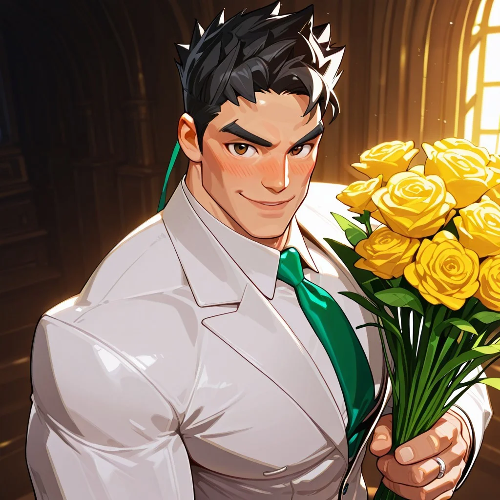 1male focus, Diz_D00dz, 1man focus, masterpiece, best quality, absurdres, newest, perfect quality, best quality, intricate details, (muscular submissive male), (((detailed face))), adams apple, ((((detailed eyes)))), (small waist), bara, abs, ((((muscular male)))), (((((masculine face))))), male focus, solo, ironfist, human, black hair, full lips, athletic build, thick eyebrows, brown eyes ,abs, {{bara}}, big ass, huge pecs, small waist, beefcake, muscular thighs, huge biceps, happy, seductive, seductive gaze, ((pleased look on face)), sunset, colorful lighting, 1boy, chapel, church, white environment, warm lighting, wedding environment, dynamic lighting, volumetric lighting,  Diz_D00dz, white tuxedo, white suit, green and gold tie, upper body focus, facial focus, close up, looking at viewer, high angle, smiling, blushing, wedding ring, holding bouquet of flowers, love, (artist:fl \(l-fl\):0.7), (artist:tooboshoo:0.7), (artist:dizdoodz:0.8) close up, (artist:fl \(l-fl\):0.7), (artist:tooboshoo:0.7), (artist:dizdoodz:0.8)