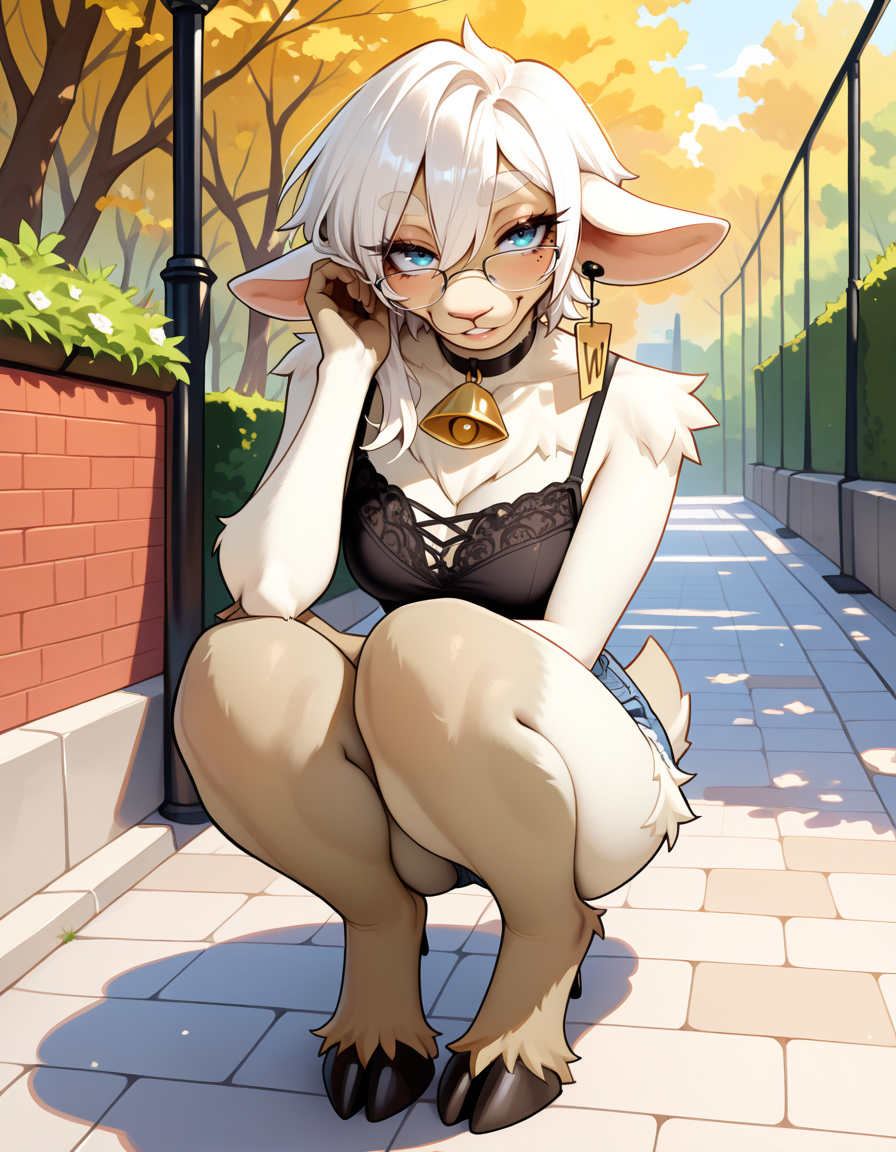 masterpiece, best quality, very aesthetic, absurdres,
outdoors, casual, 
full body, posing, 
 seductive smile, parted lips, long eyelashes,
 <lora:Wilma_v01_NAIXL:1>
W11m4,1girl,solo,furry,furry female,animal ears,earrings,ear tag,white hair,short hair,hair between eyes,blue eyes,glasses,snout,mole under eye,animal nose,black choker,neck bell,body fur,white fur,tail,hooves,