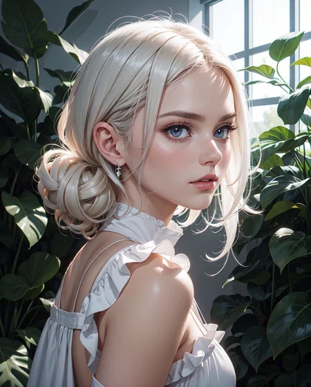 headshot:1.5 of Sn0frid_v2 face, Orchid Hydrangea Tulip inspired clothes, (moody cinematic still, intimate crop, dramatic pose:1.3), (close up wide angle cowboy shot, looking at viewer, neck turned:1.15), (25 years old, skinny, slender, adult woman:1.1), (exotic misty fog Blue Morpho, butterfly greenhouse setting), (Layered Depth, Parallax Effect, Soft focus foreground, intricately detailed background:1.25), ((sexy horticulturist look)), unbuttoned, solid, understated color clothes, providing a stylish contrast to the surrounding flora, minimalistic jewelry, silver leaf-shaped pendant, hair pulled back sleek ponytail, earthy-toned makeup, rolled-up sleeves, practical watch, professional relaxed, humid greenhouse atmosphere moist damp dewy glow to her skin, framed by vibrant tapestry of plants