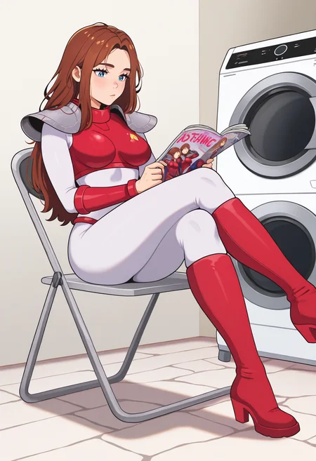 1girl, sitting, crossed legs, reading, bored, magazine \(object\), <lora:JodySummerFZ-illu:1> j0dy, brown hair, long hair, blue eyes, white bodysuit, red armor, boobplate, medium breasts, knee boots, high heel boots, red footwear, folding chair, washing machine, indoors, stone floor, masterpiece, best quality, good quality, newest