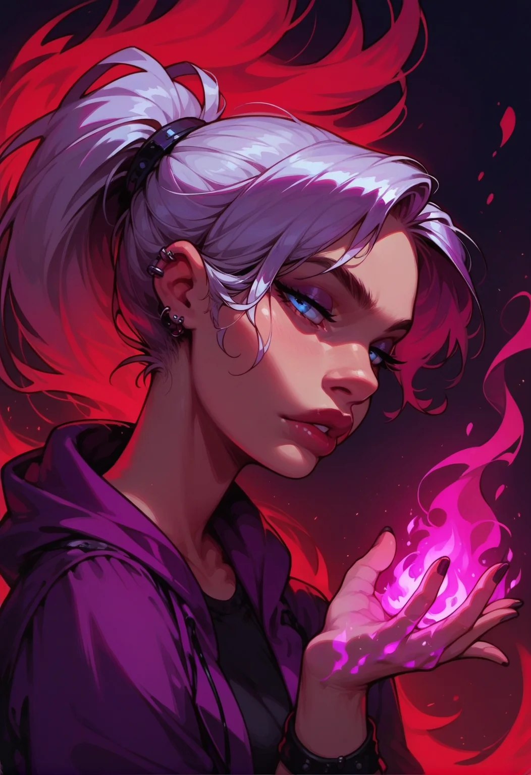 score_9, score_8_up, score_7_up, 1girl, goth, purple hoodie, white hair, ponytail, magic, arkane_dark, purple magic on hands, flames, fire, half body, solo, <lora:add-detail-xl:1> <lora:princess_xl_v2:0.65> <lora:Expressive_H:0.45> Expressiveh, <lora:g0th1cPXL:0.4> g0thicPXL, <lora:1dkXLP:0.35> 1dk, <lora:incase-ilff-v3-4:0.35> <lora:Loisel_for_Pony_1.0:0.6> by Loisel <lora:dark_magiks:0.7>