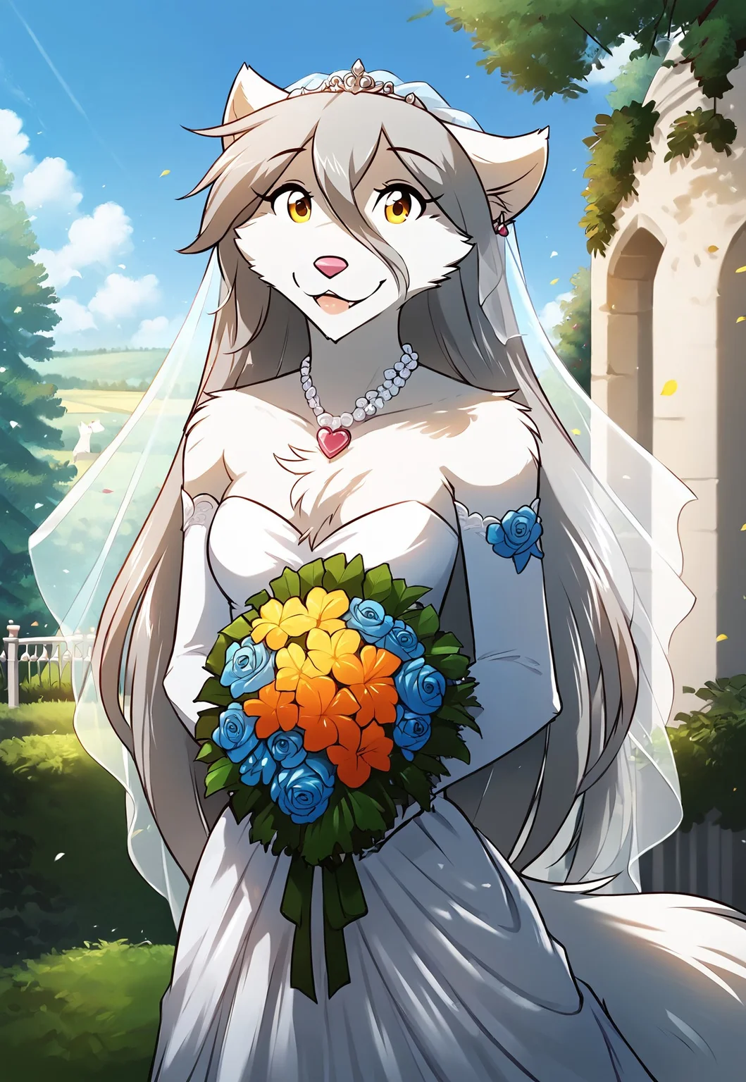 score_9, score_8_up, score_7_up, masterpiece, best quality, good quality, highly detailed, absurdres, Expressiveh, detailed background, outdoors, wedding chapel, wedding decorations, 1 girl, solo, anthro, raine-twokinds, wolf tail, wedding dress, holding bouquet, looking at the viewer, smile, happy