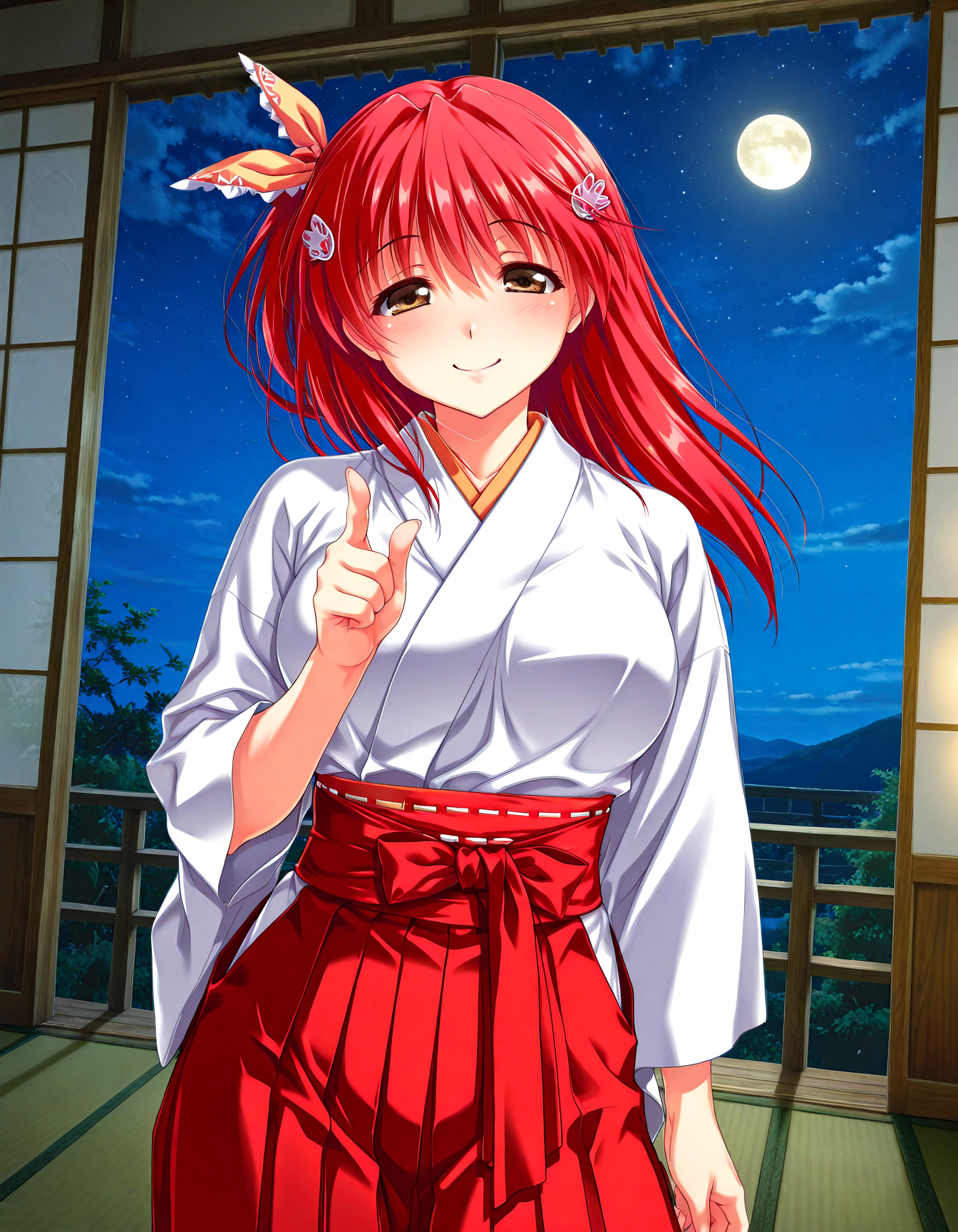 (1girl, solo:1.3), (2girls, 3girls, 4girls, multiple girls, 2boys, 3boys, 4boys, multiple boys:-1.5) <lora:Kohinata_Yuuka_Koi_Mekuri_Clover_Illustrious:0.9>, kohinata_yuuka, large breasts, brown eyes, red hair, long hair, bangs, hair between eyes, hair ribbon, hair ornament, miko, japanese clothes, red hakama, smile, (tongue out:0.7), (half-closed eyes:0.7), general, contrapposto, dynamic pose, pointing at viewer, upper body, straight-on, pov, dutch angle, indoors, <lora:NOOB_EPSv1_1_detailer_by_vlnvk_v1_0:1.5>, (photo background:0.7), night, (tachibana yuu:0.6), inue shinsuke, (kazuma muramasa:0.0), saikawa yusa, (aoi manabu:0.6), abarerumidori, (suzui narumi:0.6), masterpiece, newest, absurdres, 8K, anime screenshot, anime coloring, flat color, official art, film grain, <lora:illustriousXLv01_stabilizer_v1.185c:0.7>, <lora:LECO_Solo:-4.0>,