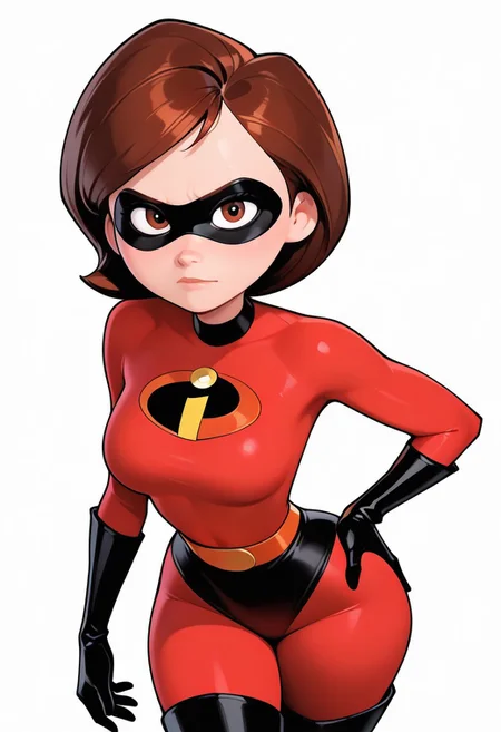 masterpiece, best quality, absurdres, 1girl, helenp, helen parr, elastigirl, brown hair, brown eyes, domino mask, mask, red bodysuit, black highleg shorts, orange belt, black elbow gloves, black thigh boots, wide hips, medium breasts, looking at viewer, standing, hand on hip, portrait, looking at the viewer, (simple white background:1.6)