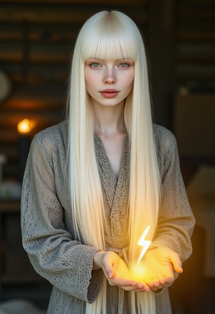 FictionalFiona, long white hair, green eyes, blunt bangs. Wearing silver elven robes. Casting a yellow spell. A floating yellow lightningbolt symbol