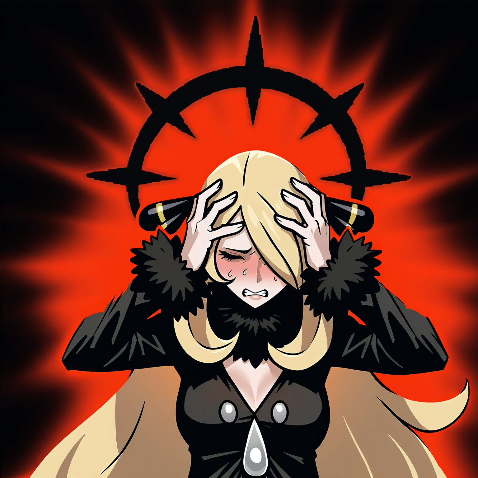 masterpiece, best quality, very aesthetic, absurdres BREAK
1girl, cynthia \(pokemon\), blonde hair, hair over one eye, very long hair, hair ornament,
affliction, halo, hands on own head, closed eyes, pain,
upper body, solo, red background, black background  <lora:AfflictionIllustriousXL_byKonan:1>