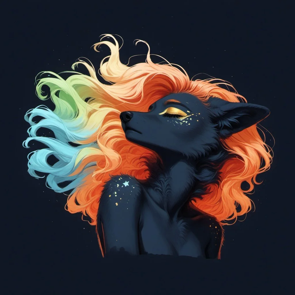score_9, score_8_up, score_7_up, folded ears, Create a colorful abstract highly detailed image, a vibrant digital artwork depicting a serene female anthro fox figure with her eyes closed and her head tilted upwards. Her long, wavy copper hair falls down her back and is interwoven with intricate patterns of swirling colors. The background is a rich, dark blue night sky with glowing stars and abstract, colorful spheres. The figure's face is adorned with soft, gentle features and a serene expression, her lips slightly parted as if she is in a state of meditation or bliss. The artwork is a mix of surrealism and expressionism with an emphasis on rich, flowing textures and vibrant color gradients. The background features a mix of geometric and organic shapes, including circular and rectangular shapes in shades of blue, orange, yellow, and green, creating a sense of depth and movement. The figure's hair blends seamlessly into these patterns, adding to the overall fluidity of the work. The colors are intensely saturated, with deep blues, fiery oranges, and warm yellows dominating the scene. Textures vary from soft, flowing hair to rough, swirling patterns in the background, enhancing the dreamlike quality of the artwork. th3d4rk, darkness, shadow