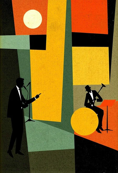 In REME's Mid-Century Modern Illustration Style, syncopated Jazz rectangles..