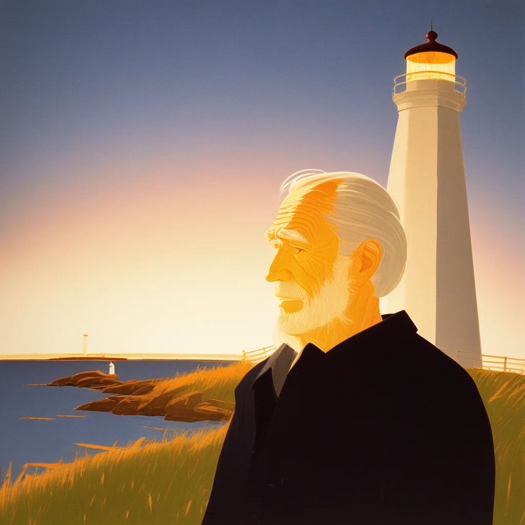 old man near the lighthouse, sunset, sentimental, by Alex Katz, pop art