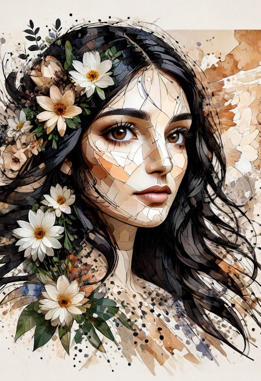 InkMosaic, a portrait of a woman with flowers in her long black hair, brown eyes