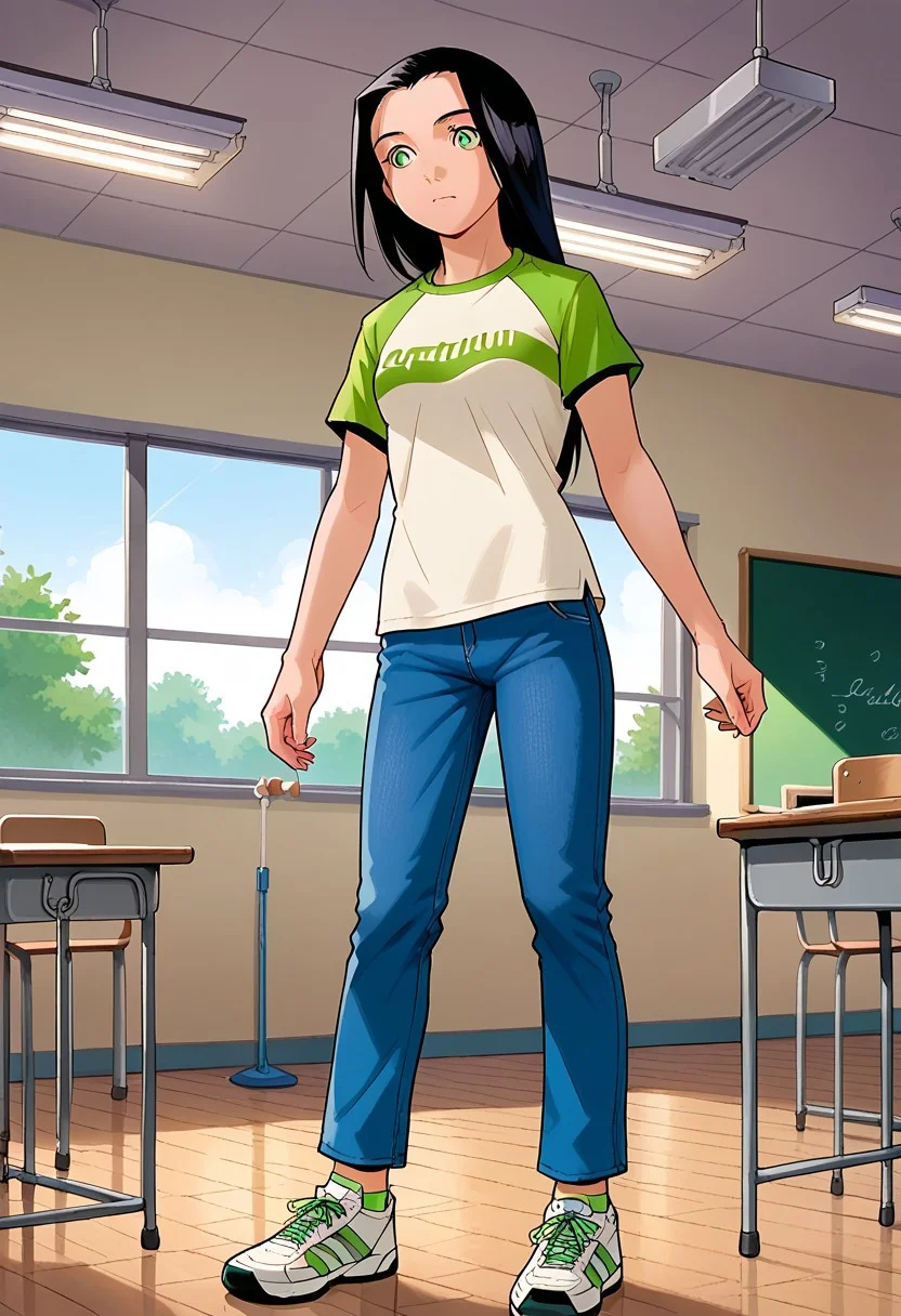 score_8, score_8_up, score_7_up, 1girl, female focus, solo, Caitlin_PP, black hair, long hair, green eyes, small breasts,t-shirt, print shirt, white shirt, raglan sleeves, green sleeves, jeans, blue jeans, short socks, green socks, sneakers, standing, desk, classroom, school desk, floor, ceiling light, window, indoors
