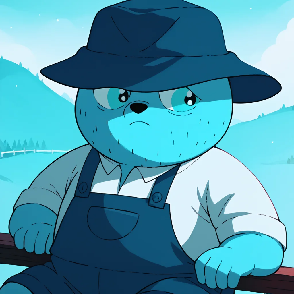 score_9, score_8_up,score_7_up, score_6_up,score_5_up,score_4_up,<lora:celestin-v4-12:1>, uwcelestinfag, blue bear, 1boy, blue overalls+white shirt+hat, solo