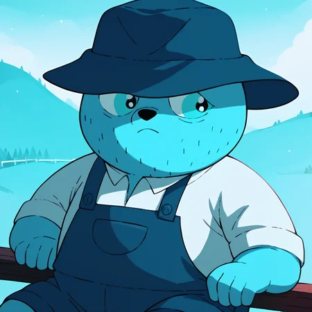 score_9, score_8_up,score_7_up, score_6_up,score_5_up,score_4_up,<lora:celestin-v4-12:1>, uwcelestinfag, blue bear, 1boy, blue overalls+white shirt+hat, solo
