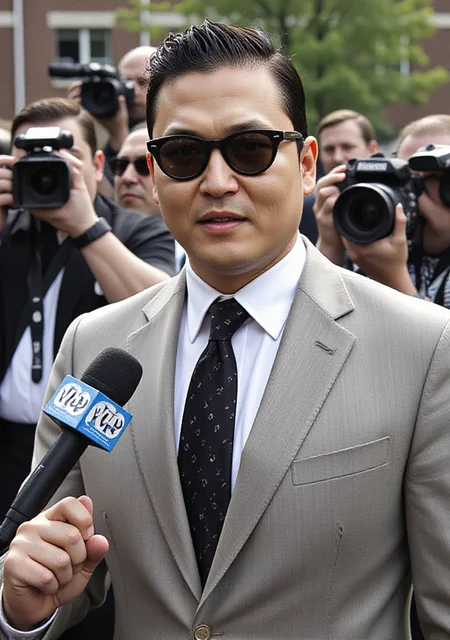 a man in a suit and sunglasses holding a microphone, surrounded by a group of people holding cameras.