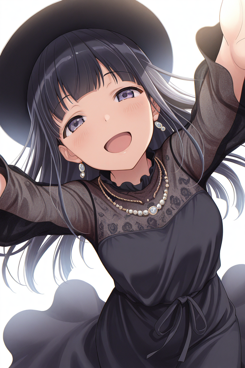 masterpiece, best quality, amazing quality,
 <lora:Mahiru_IL:1> mahiru, 1girl, solo, long hair, dress, hat, smile, open mouth, black hair, jewelry, looking at viewer, necklace, bangs, white background, outstretched arms, black dress