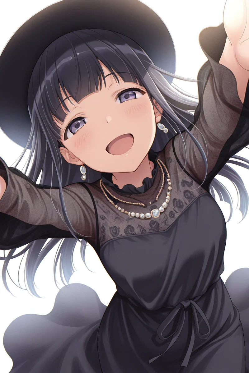 masterpiece, best quality, amazing quality,
 <lora:Mahiru_IL:1> mahiru, 1girl, solo, long hair, dress, hat, smile, open mouth, black hair, jewelry, looking at viewer, necklace, bangs, white background, outstretched arms, black dress