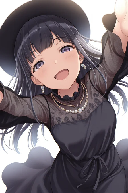 masterpiece, best quality, amazing quality,
<lora:Mahiru_IL:1> mahiru, 1girl, solo, long hair, dress, hat, smile, open mouth, black hair, jewelry, looking at viewer, necklace, bangs, white background, outstretched arms, black dress